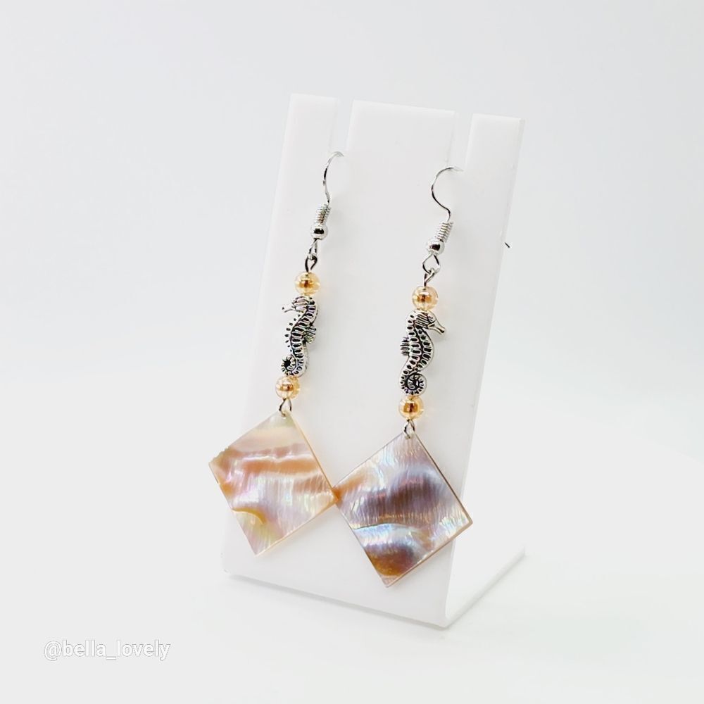 Natural Abalone Shell Sea Horse Drop Dangle Handmade Glass Beaded Earrings